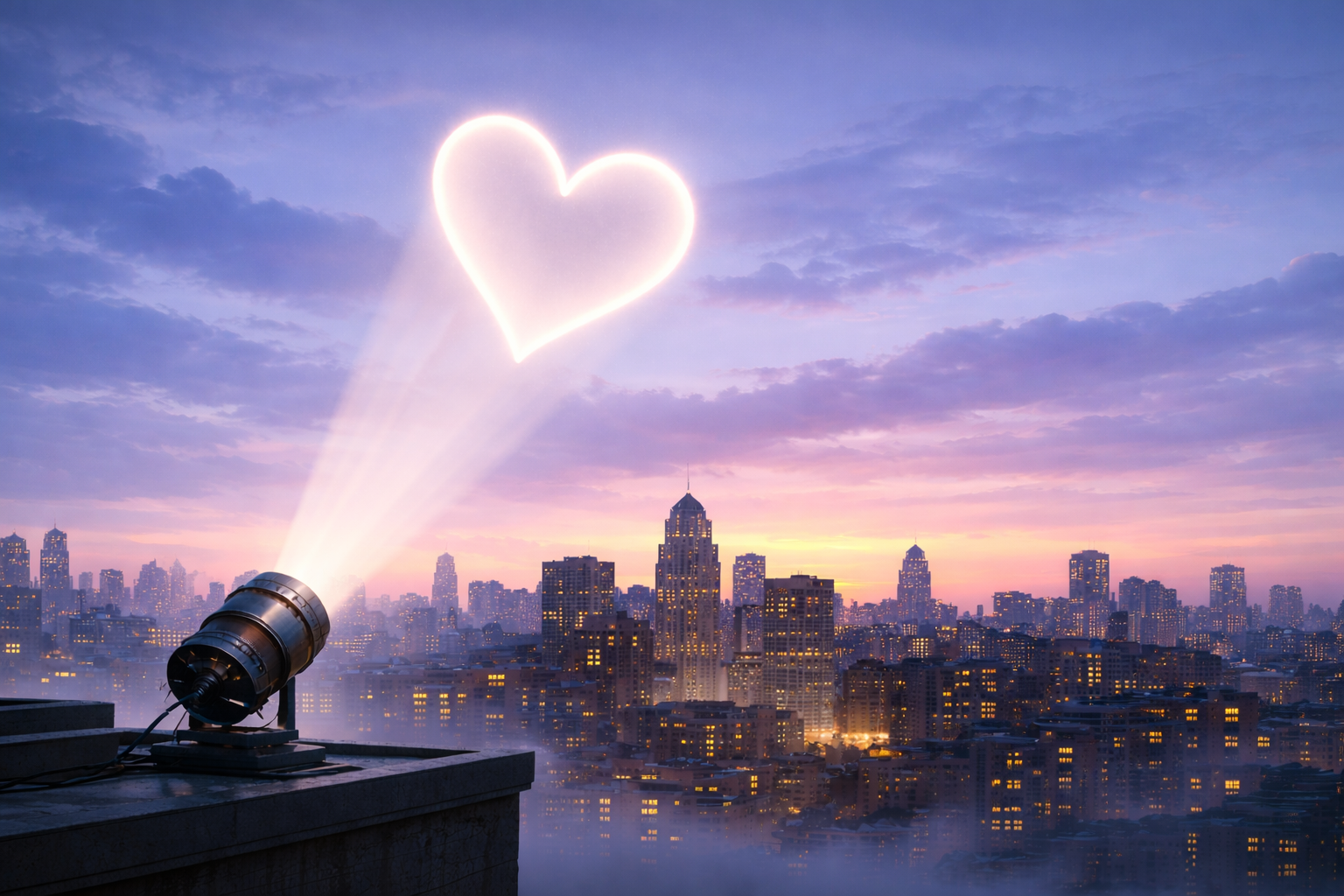 Product Beacon article image showing a heart-shaped spotlight signal in the sky over a city